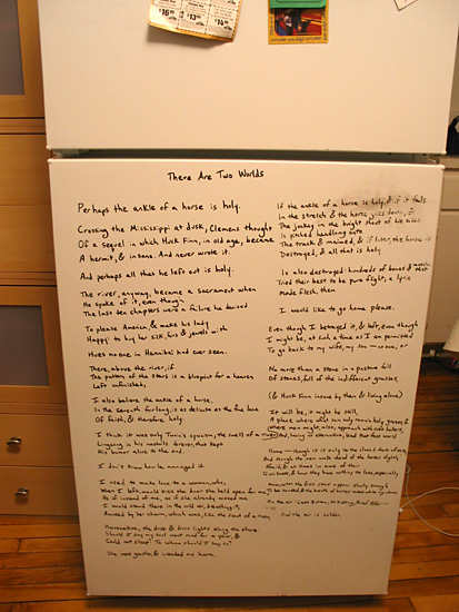 Refrigerator with “There Are Two Worlds” by Larry Levis
